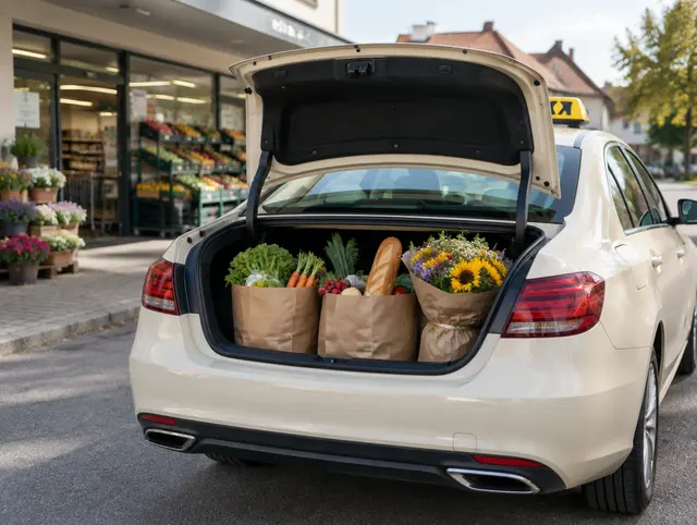 Einkaufstüten im Kofferraum eines Taxis
