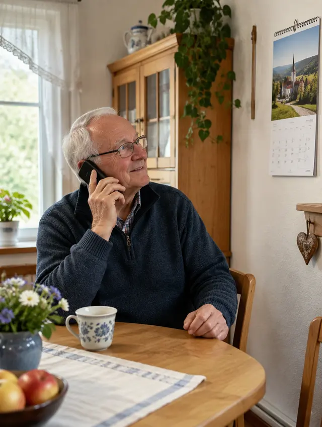 Älterer Herr bestellt telefonisch eine Fahrt und schaut in seinen Kalender