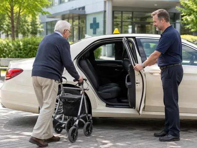 Taxifahrer hält einem älteren Herrn mit Rollator vor einem Ärztehaus die Tür auf